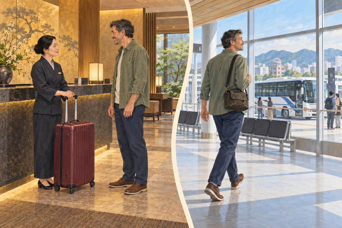 Hiroshima bus travel: a man leaves a suitcase with hotel staff, then walks through a bus terminal with a shoulder bag.