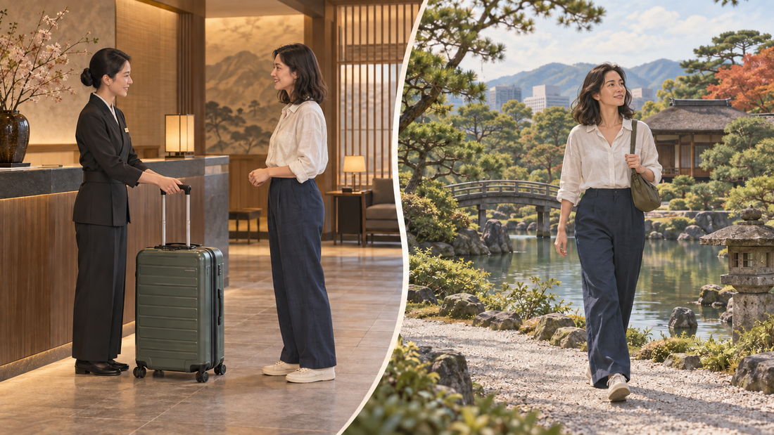 Hiroshima luggage storage: leave a floor-standing suitcase with hotel staff and enjoy a garden walk with a small bag.