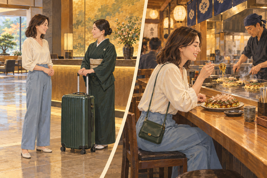 Hiroshima food stop: a woman leaves her suitcase at a hotel, then enjoys okonomiyaki at a counter with a small bag.