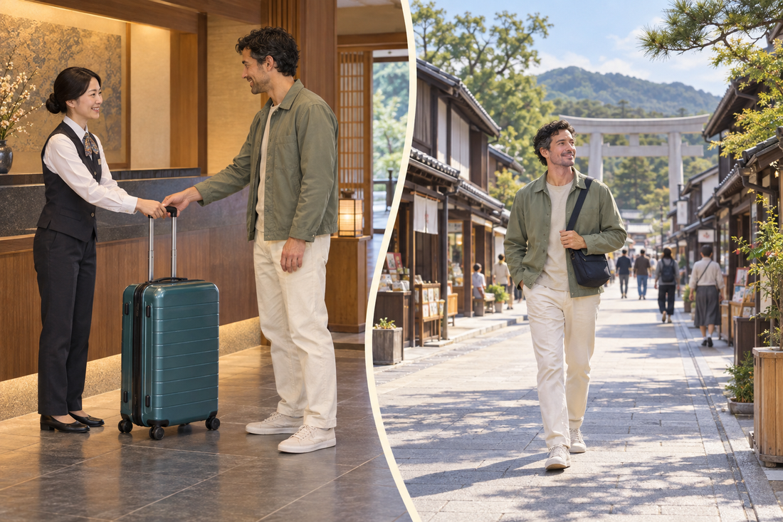 Izumo luggage storage: send your suitcase from the hotel and explore the shrine approach shops with a small shoulder bag.