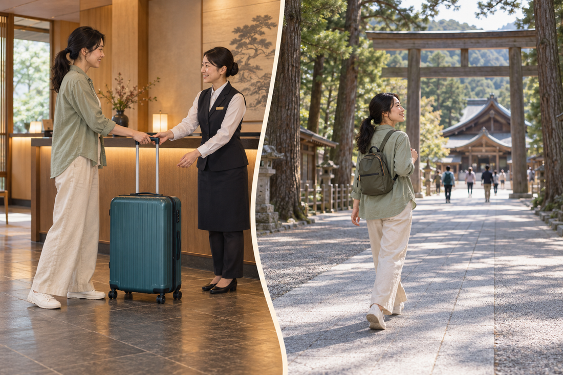 Izumo Taisha luggage storage: send your suitcase from the hotel and walk the shrine approach with a small backpack.
