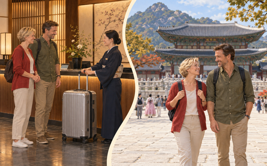 A couple sends a silver suitcase from a hotel in Japan, then explores a palace courtyard in Seoul with daypacks.