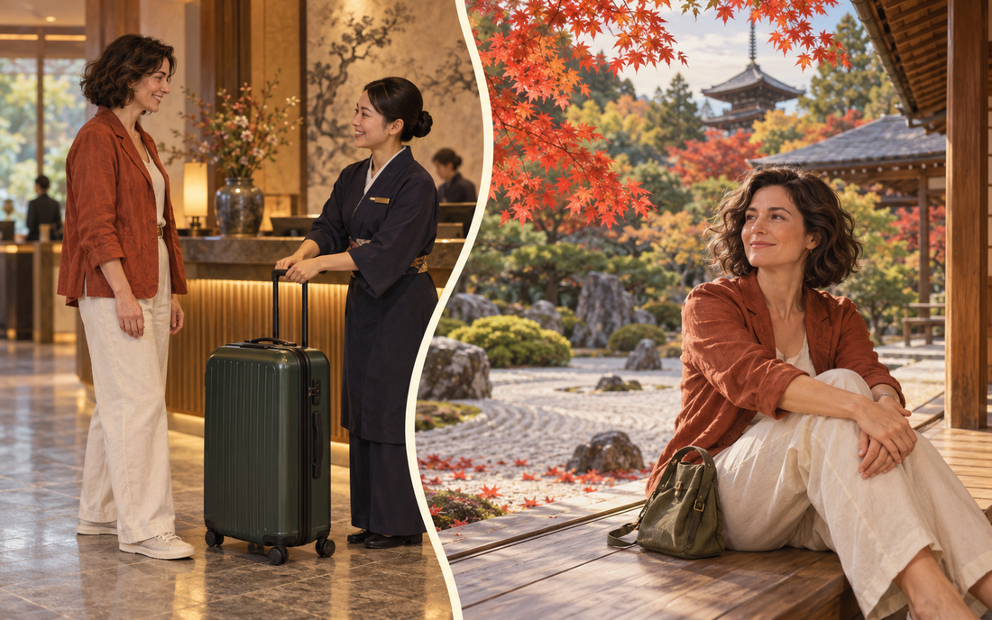 A traveler sends a green suitcase from a hotel front desk, then relaxes beside a Kyoto temple garden.