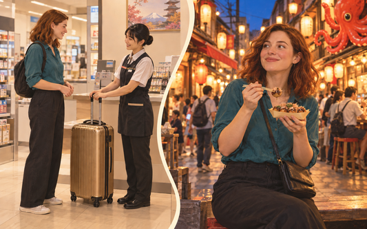 A traveler sends a gold suitcase from a convenience store, then enjoys takoyaki among Namba food stalls.