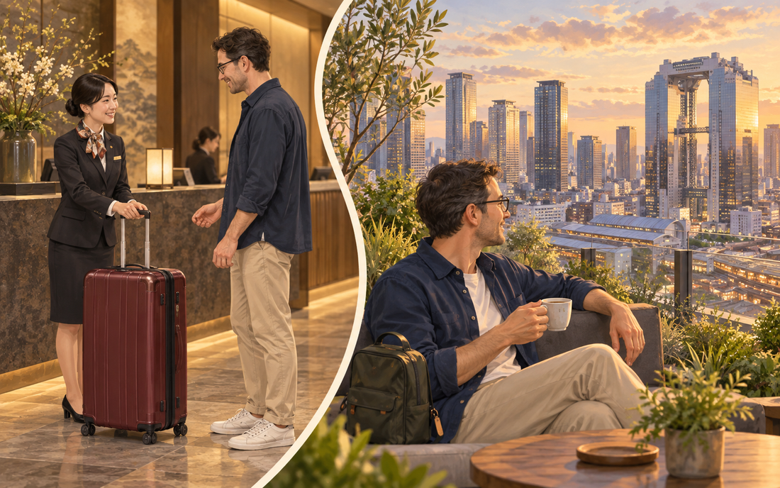 A traveler sends a burgundy suitcase from a hotel front desk, then enjoys coffee on an Umeda rooftop terrace.