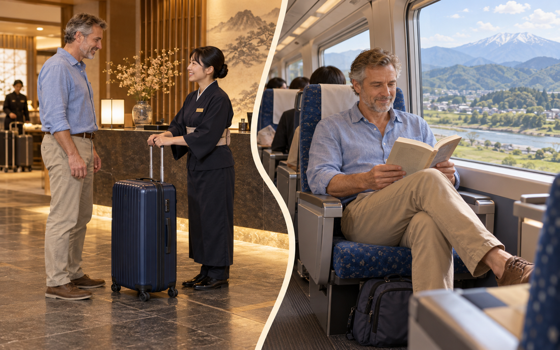A traveler sends a navy suitcase from a hotel front desk, then reads on a train with a smaller bag.