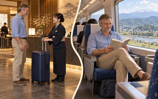 A traveler sends a navy suitcase from a hotel front desk, then reads on a train with a smaller bag.
