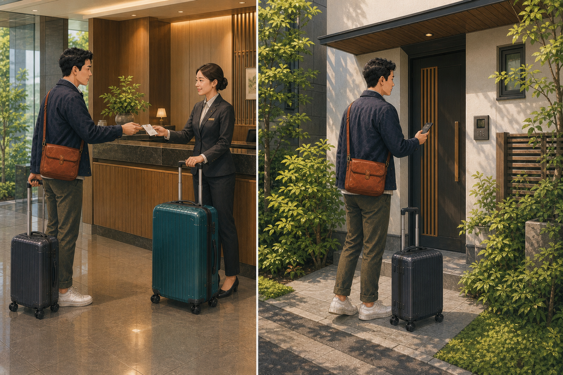 Split illustration of a traveler giving a full-size teal suitcase to Japanese hotel staff, then arriving at a summer short-stay accommodation with a compact black carry-on.