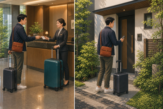 Split illustration of a traveler giving a full-size teal suitcase to Japanese hotel staff, then arriving at a summer short-stay accommodation with a compact black carry-on.