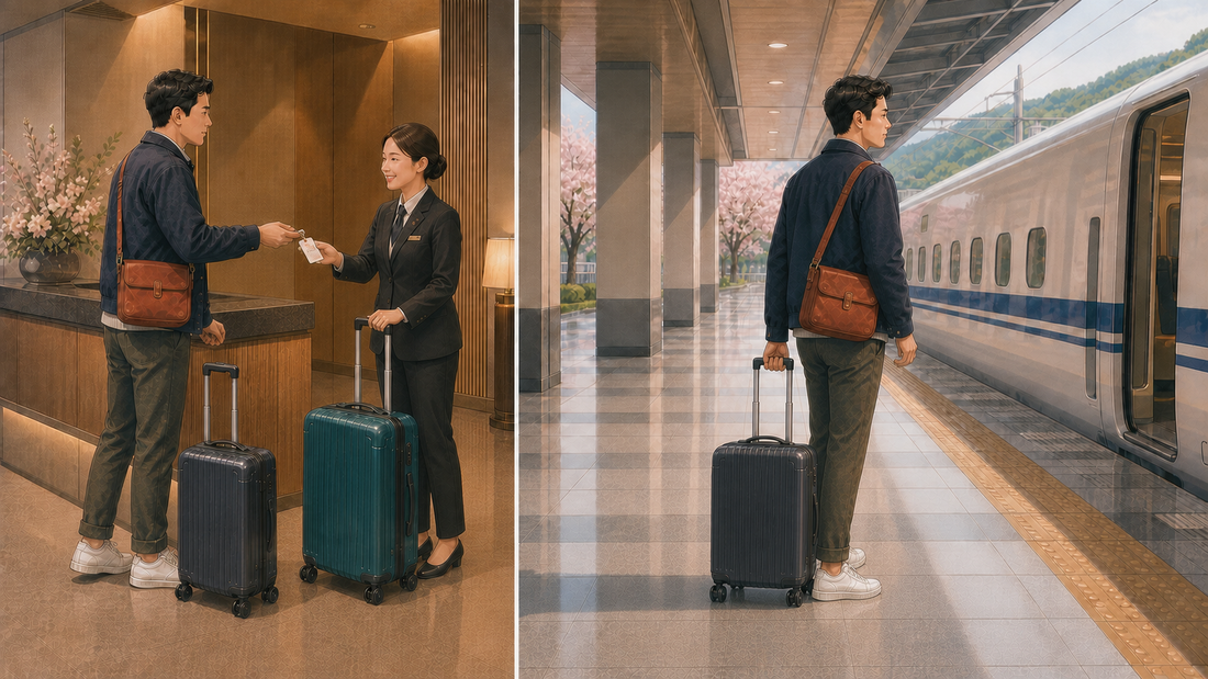 Split illustration of a traveler handing a large teal suitcase to hotel staff, then rolling a compact black suitcase beside a Shinkansen in Japan.