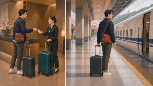 Split illustration of a traveler handing a large teal suitcase to hotel staff, then rolling a compact black suitcase beside a Shinkansen in Japan.