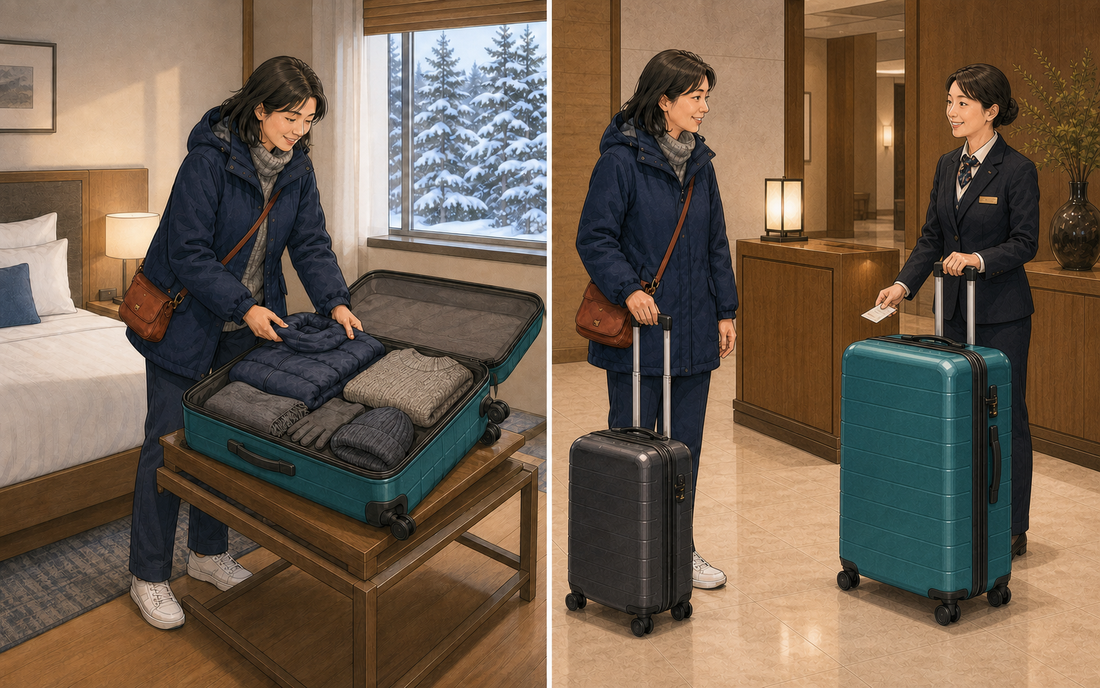 Two-panel illustration of a traveler packing winter clothes into a full-size teal suitcase, followed by hotel staff holding the closed suitcase and a shipping slip while the traveler faces onward holding a compact charcoal carry-on.