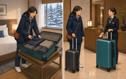Two-panel illustration of a traveler packing winter clothes into a full-size teal suitcase, followed by hotel staff holding the closed suitcase and a shipping slip while the traveler faces onward holding a compact charcoal carry-on.