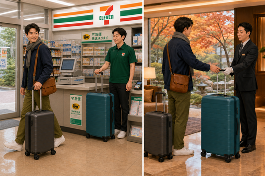 Two-panel illustration of a traveler leaving 7-Eleven with a compact carry-on while staff stands beside a full-size teal suitcase, followed by the traveler meeting hotel staff beside both bags.