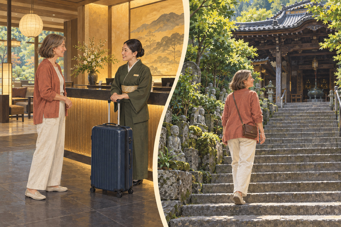 Daisho-in temple visit: a woman leaves a suitcase with hotel staff, then walks up temple steps carrying a small bag.