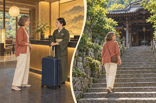 Daisho-in temple visit: a woman leaves a suitcase with hotel staff, then walks up temple steps carrying a small bag.