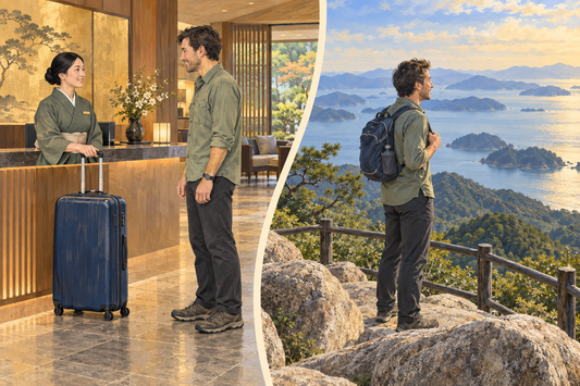 Mount Misen outing: a man leaves a suitcase with hotel staff, then enjoys an island overlook with a small hiking daypack.