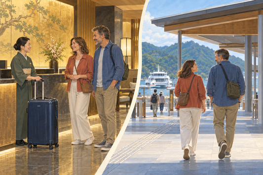 Miyajimaguchi ferry connection: a couple leave a suitcase with hotel staff, then approach a ferry terminal with small bags.