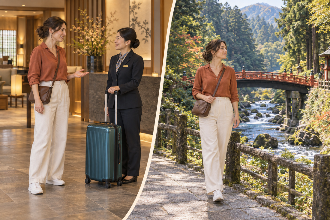 Nikko luggage storage: send your spare suitcase from the hotel and enjoy the wooded riverside with a small bag.