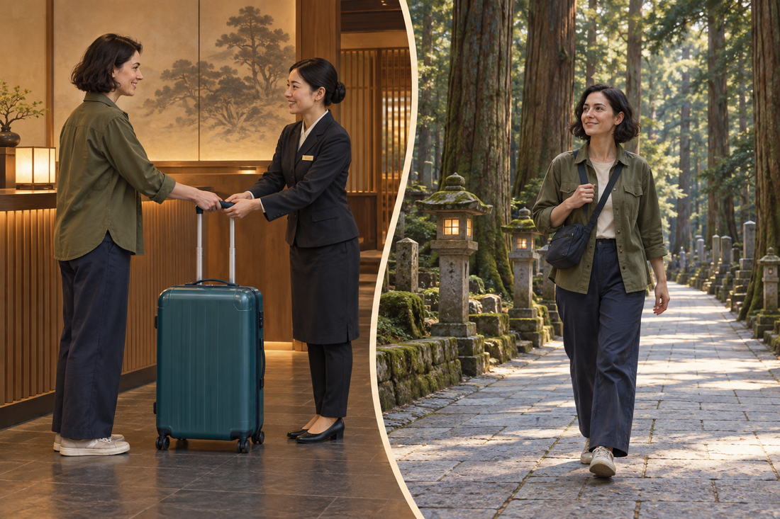 Okunoin luggage storage: send the spare suitcase from your hotel and walk the cedar-lined approach with a small bag.