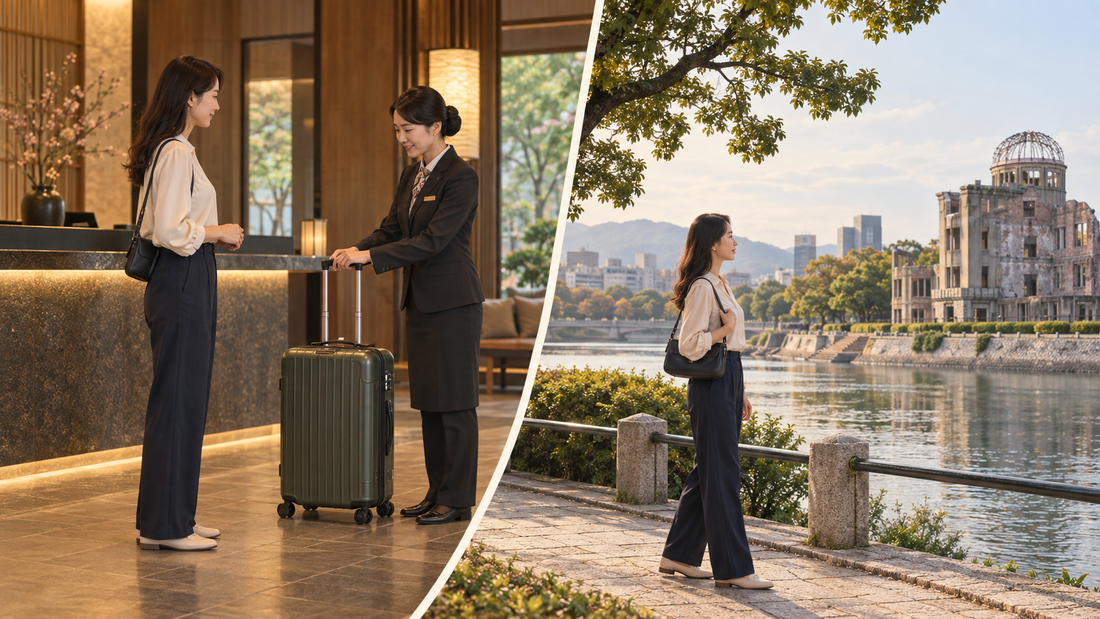Peace Memorial Park luggage plan: a traveler hands over a suitcase at her hotel, then visits the Hiroshima riverside with a small bag.