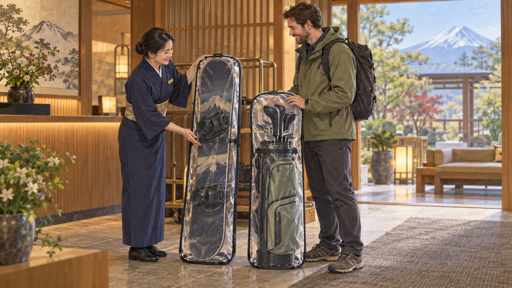 Add protective covers to packed sports gear before shipping it to storage in Japan.