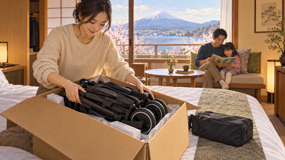 Pack the stroller for storage and free up space between family activities in Japan.