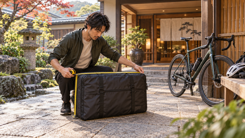 Measure your packed bicycle case, then plan storage while you cycle around Japan.