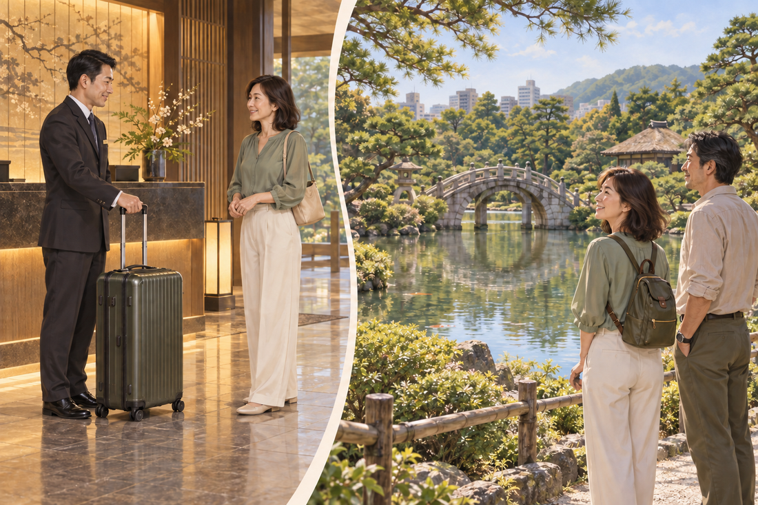 Shukkeien luggage storage: send your suitcase from the hotel and enjoy Hiroshima’s garden paths with a small bag.