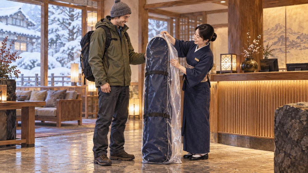 Cover your snowboard bag at the hotel and send your gear to storage in Japan.