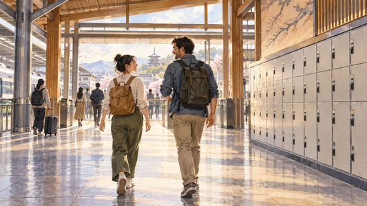Japan station travel: leave extra luggage in storage and walk through the station with small backpacks.