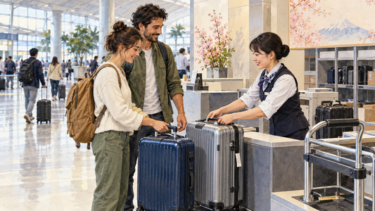 Japan airport luggage delivery: collect your stored suitcases at the named counter before the flight home.