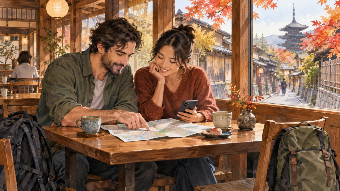 Japan luggage storage: plan your next stops over a map and phone, with extra luggage stored and small bags beside you.