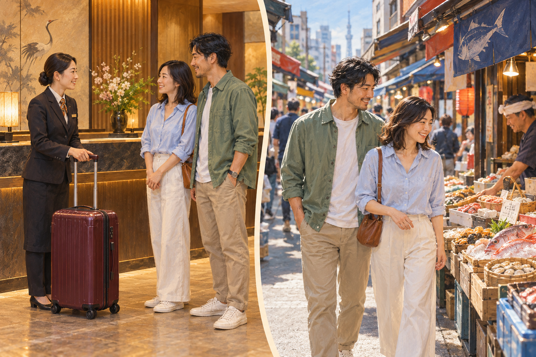 Tsukiji luggage storage: send your extra suitcase from the hotel and browse the market with a small shoulder bag.