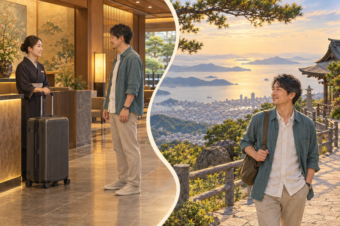 Yashima: hotel staff take the suitcase before the traveler enjoys Seto Inland Sea views with a small bag.