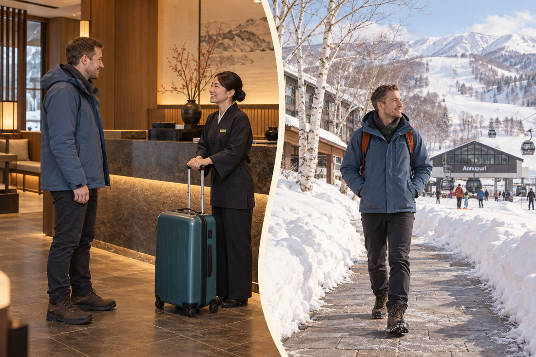 Annupuri: a traveler leaves a spare suitcase with hotel staff and enjoys the visit with a small bag.