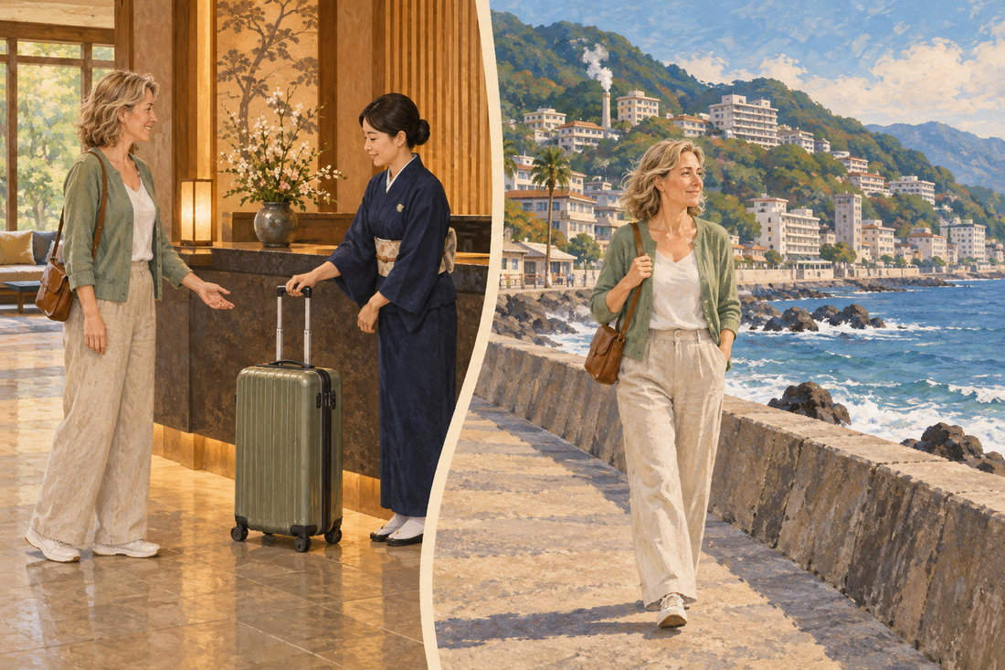 Atagawa Onsen: send the spare suitcase from your hotel and enjoy the seafront with a small bag.