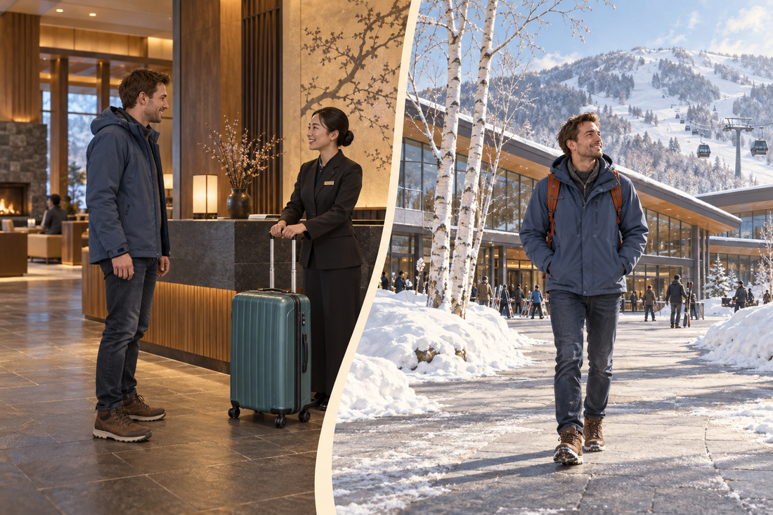 Hanazono: a traveler leaves a spare suitcase with hotel staff and enjoys the visit with a small bag.