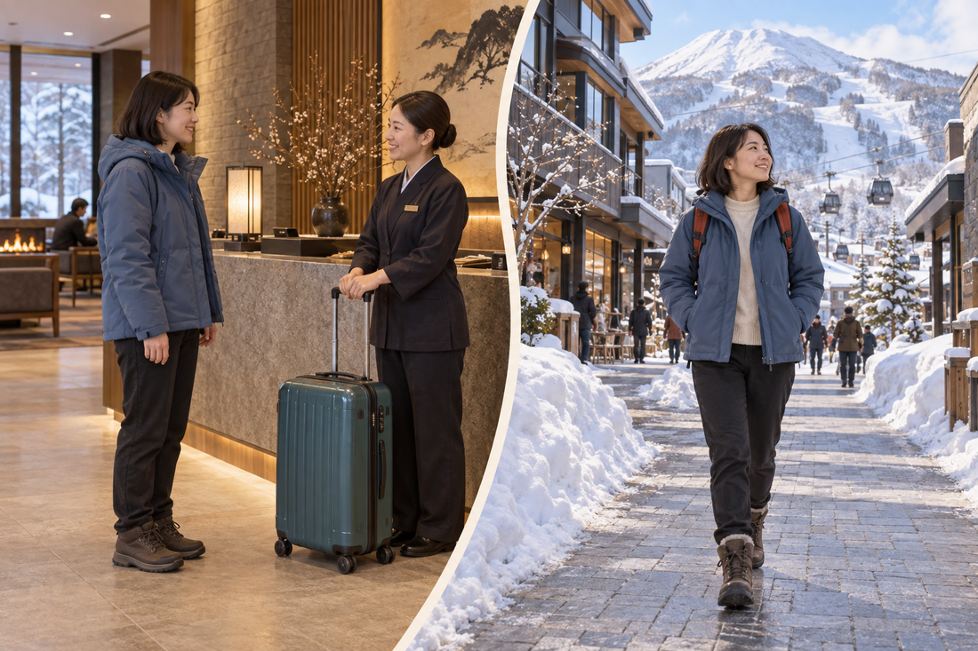 Hirafu: a traveler leaves a spare suitcase with hotel staff and enjoys the visit with a small bag.