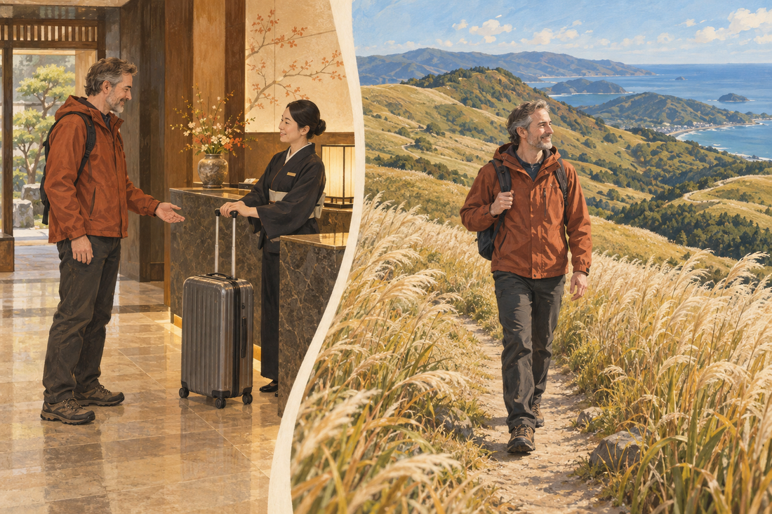 Hosono Highlands: send the suitcase from your hotel and enjoy the grassland paths with a daypack.