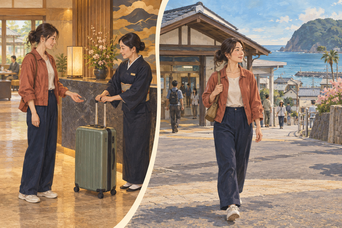 Izu-Inatori Station: send your suitcase from the hotel and continue toward the port with a small bag.
