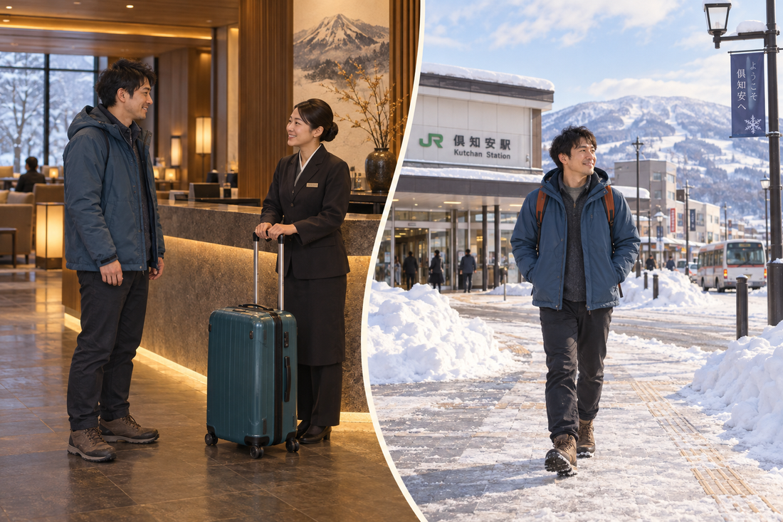 Kutchan Station: a traveler leaves a spare suitcase with hotel staff and enjoys the visit with a small bag.