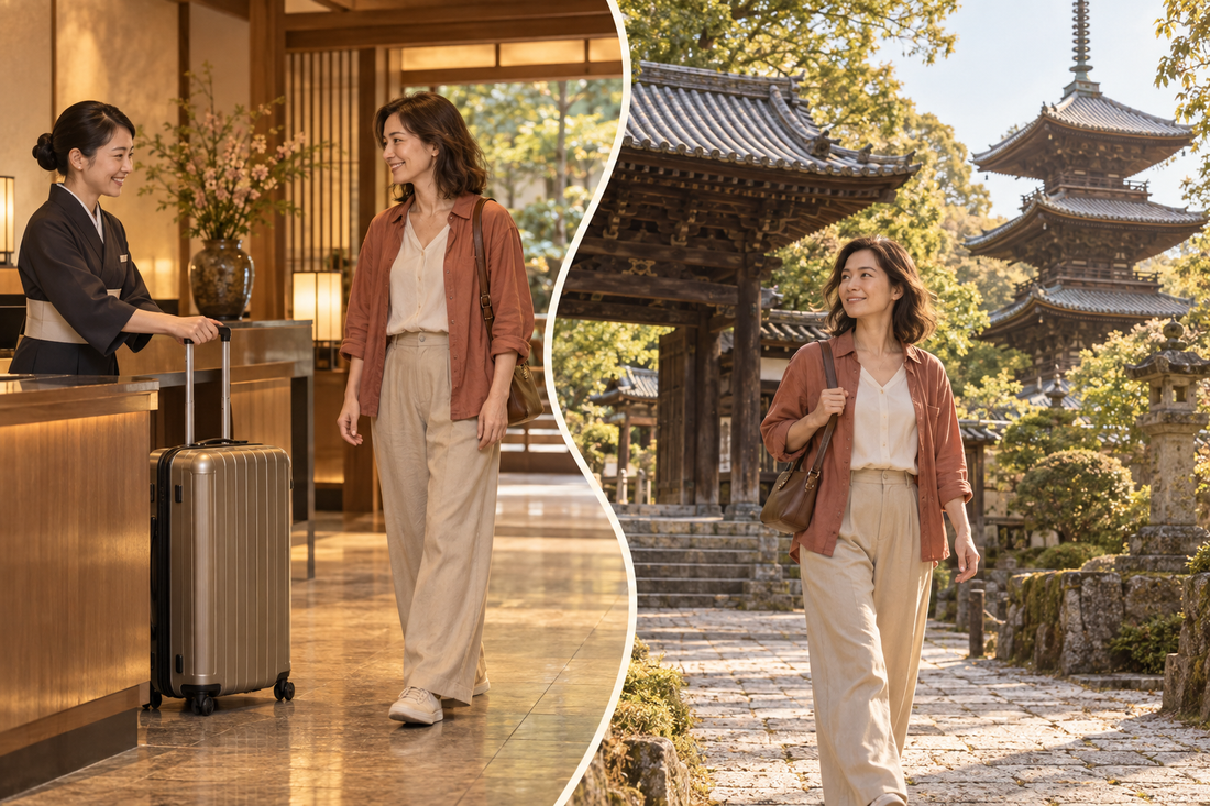 Ishiteji visit: hotel staff take the suitcase before the traveler explores temple grounds with a small shoulder bag.