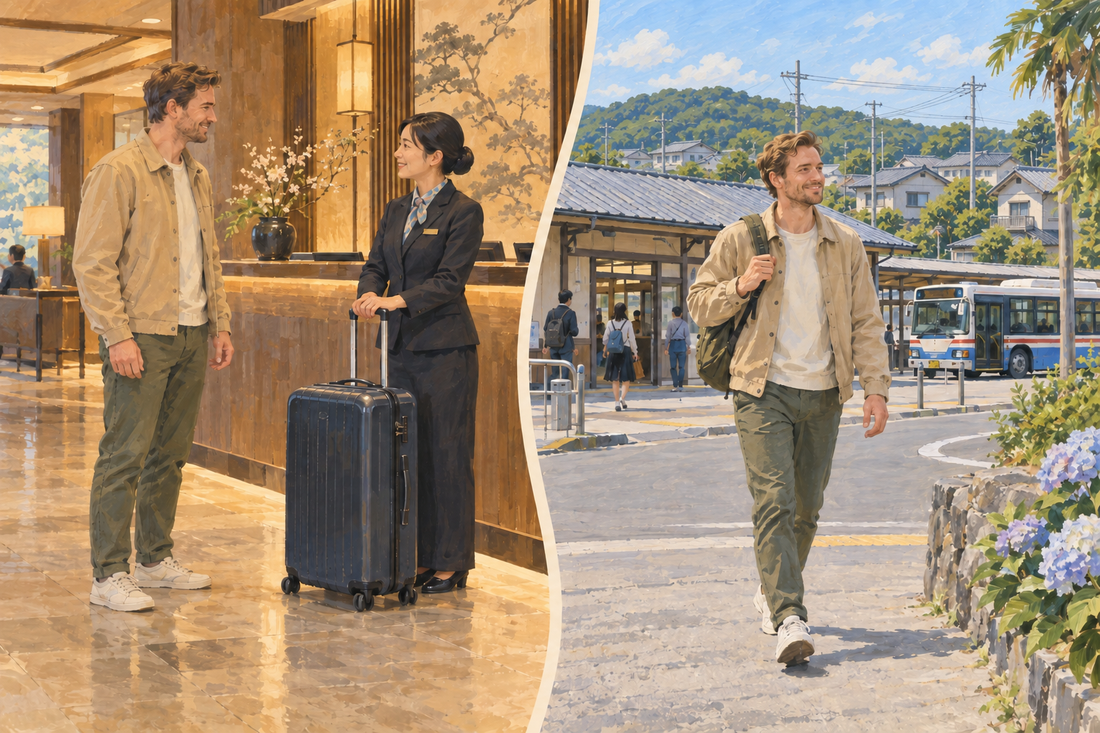 Misakiguchi: send the extra case from your hotel and continue from the station with a small daypack.