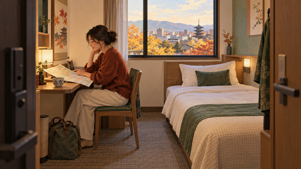 Store the large suitcase and make room to relax in your compact Kyoto hotel.