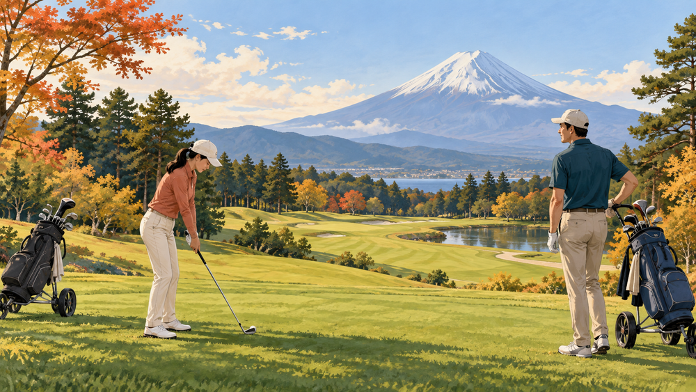Arrange stored-club delivery for a Japan golf trip with Mount Fuji views.