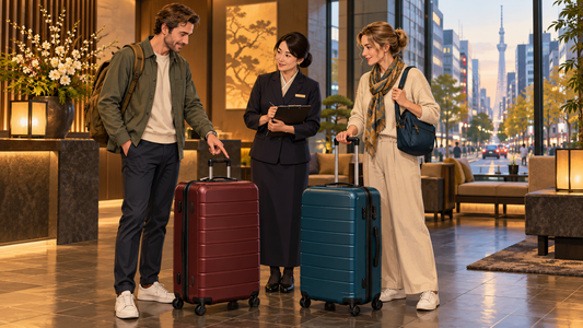Tokyo luggage storage: friends identify their separate suitcases while planning onward delivery with hotel staff.