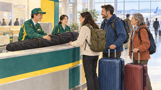 After Hokkaido skiing, arrange airport delivery and collect stored winter bags for the flight.
