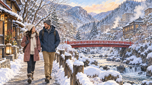 Hokkaido winter storage: leave the ski bags aside and enjoy a hot-spring walk with smaller bags.
