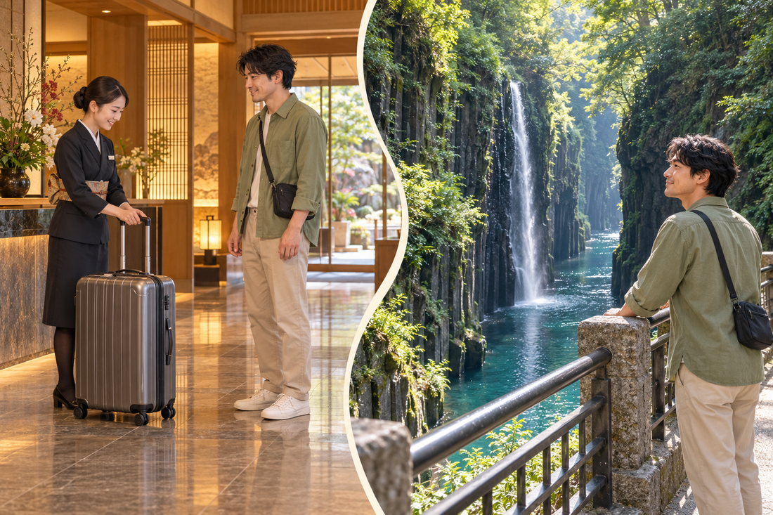 Takachiho Gorge visit: hotel staff take the suitcase before the traveler enjoys the gorge and waterfall views with a small bag.